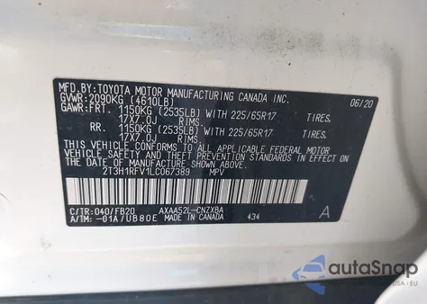 2020 Toyota Rav4 Le из США, поврежденный, VIN 2T3H1RFV1LC067389